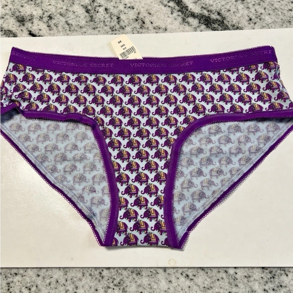 NWT Victoria's Secret Purple elephants Logo Band Cotton Hiphugger Panties XS